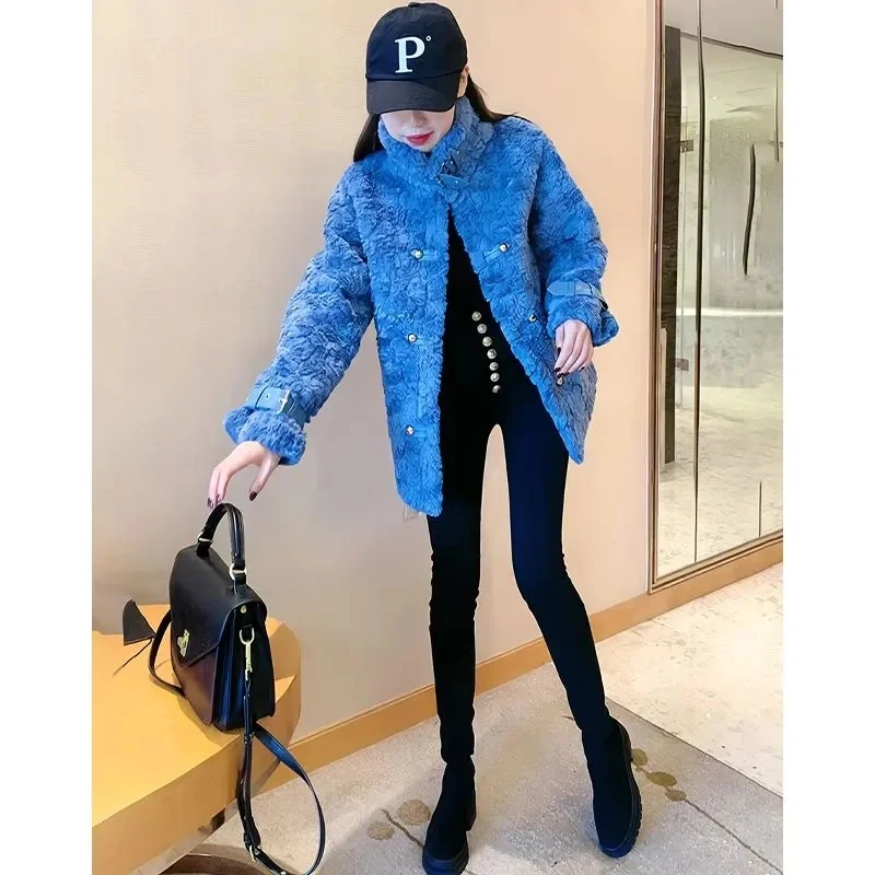 Winter 2023 Lambhair Oversize Women Faux Suede Coat Turtleneck Loose Thick Motorcycle Jackets Cotton Female Blue