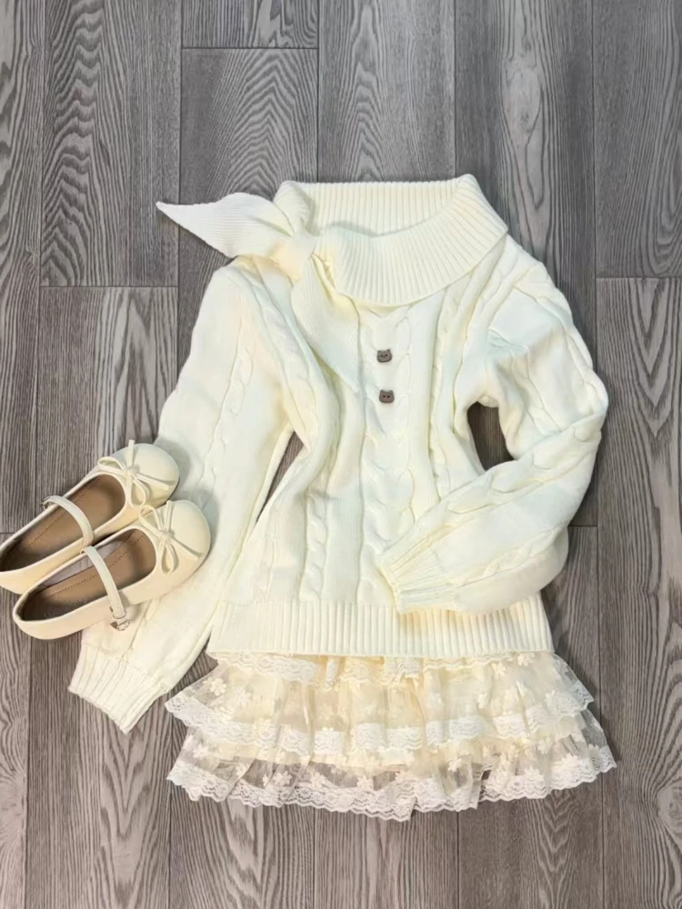 

Autumn Casual Vintage Knit Pullover Women Fashion Sweet Warm Slim Kawaii Sweater Female Design Elegant Solid Lovable Knitwear