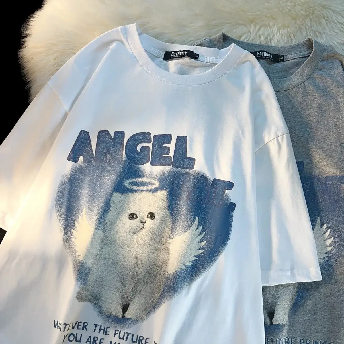 T-shirt à Manches Courtes pour Homme et Femme, Estival et Décontracté, en Pur Coton, avec Imprimé Ange et Chat, Tendance, Confortable, pour Couple, Harajuku