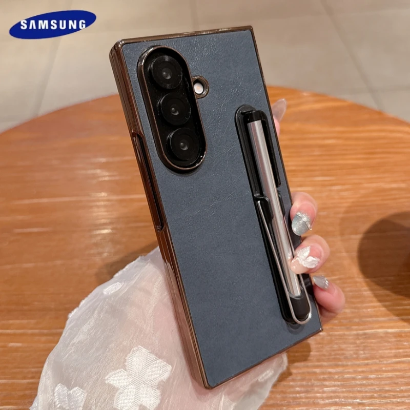 Lychee-funda chapada en cuero con ranura para lápiz óptico, funda para Samsung Galaxy Z Fold 7 6 5 4 3 PC, funda de cuero con patrón a prueba de golpes