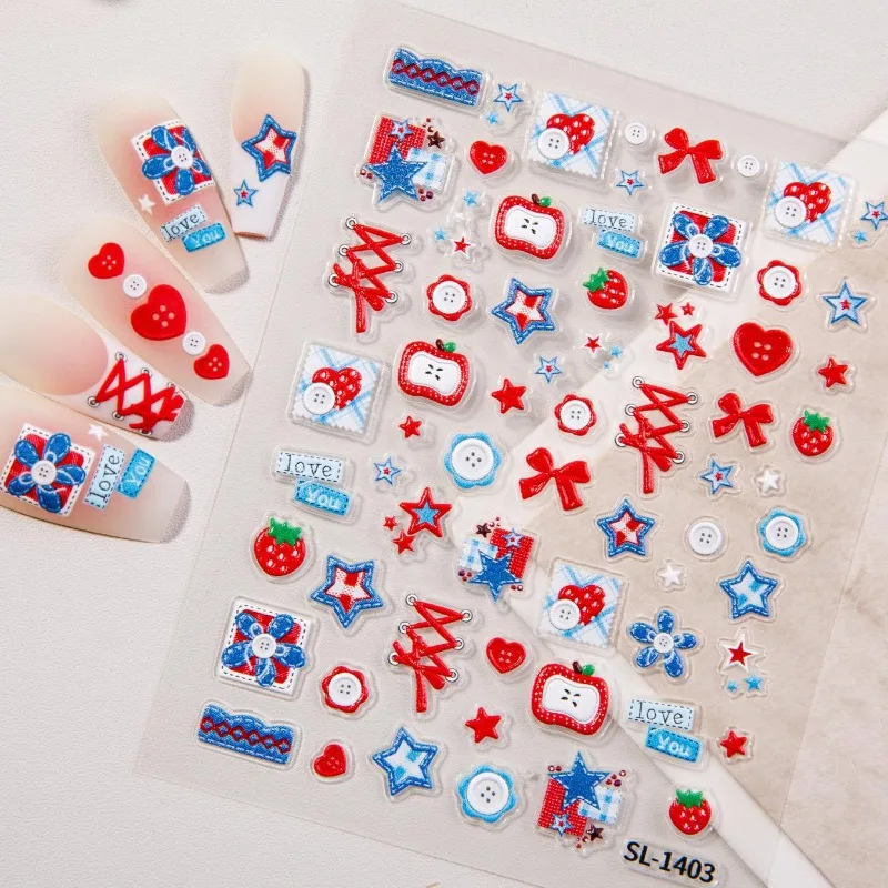 Sweet and Cool Apple Bow Nail Stickers, 3D Strawberry Star Button Nail Stickers, Essential for Home DIY Nail Art