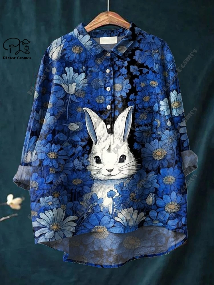 PLstar Cosmos new 3D printing retro cute rabbit bird peacock printing women's fun casual loose open tube shirt K-1