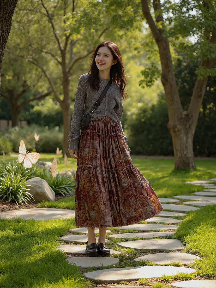 

Vintage Prints Long Skirts Womens Pleated Skirt Mesh Layered Ruffle Hem Elegant High Waist A Line Elastic Summer Flare