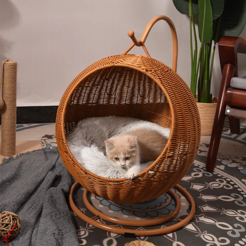 2024New Cane Woven Cat Nest Basket Cat Hammock Plush Pet Nest Cat Nest Warm Pet Supplies Dog Bed Couchage Chat