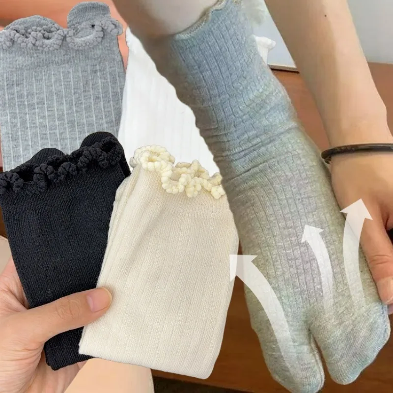 

Носки в стиле Харадзюку, женские японские носки с раздельным носком, рюшами, деревянными ушками, носки средней длины, мягкие хлопковые дышащие кавайные повседневные чулки