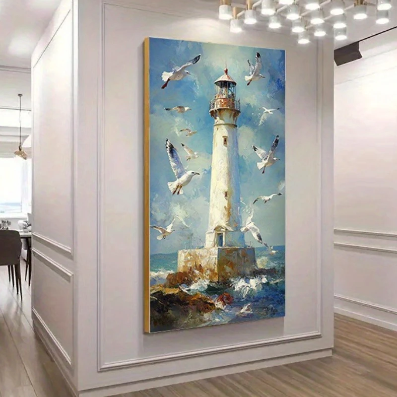 Modern Abstract Coastal Landscape Poster Prints Lighthouse Seagulls Canvas Painting Wall Art Picture for Living Room Home Dec