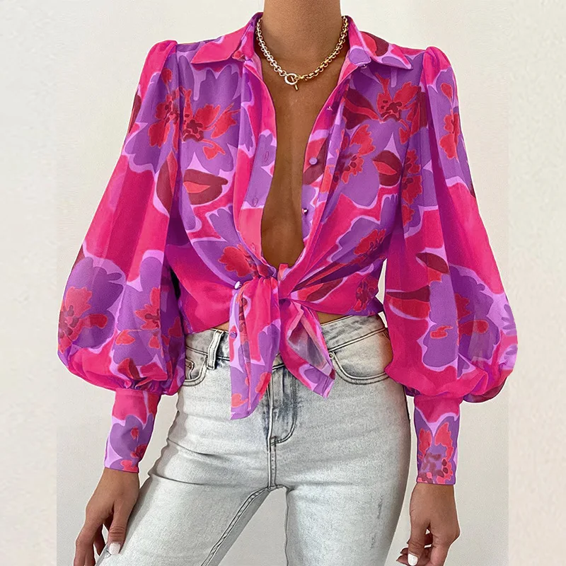 2024 Summer Sexy Women's Puff Sleeve Lapel Long Sleeve Top Printed Shirt Blouse Women