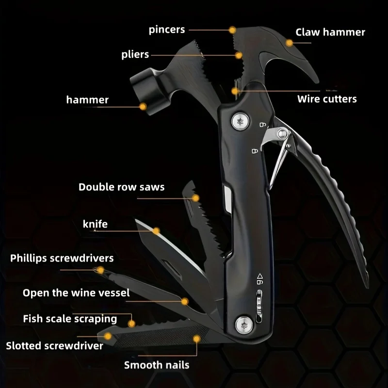 14-in-1 Multi-Purpose Hammer, Survival Portable Multi-Tool with Hammer, Camping Accessories Survival Gear