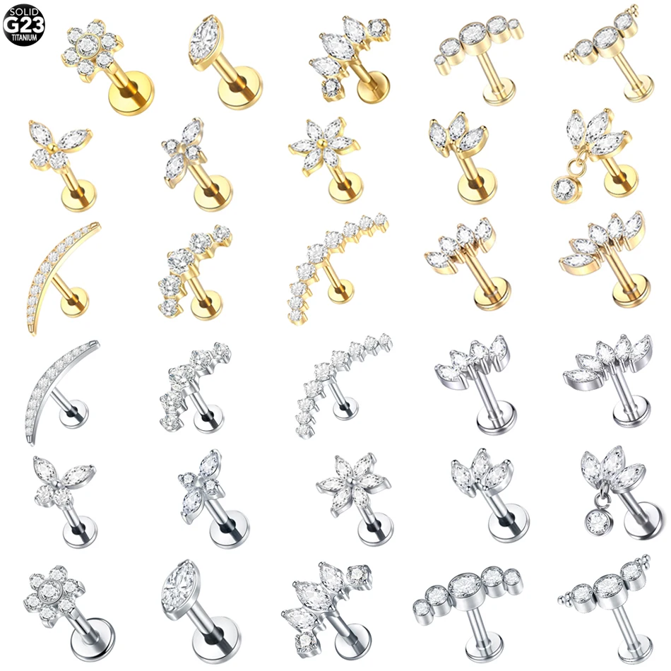 1Pc Titanium Ear Cartilage Stud Earrings for Women Internal Thread Zircon Flower Ear Lobe Tragus Helix Lip Rings Jewelry 16G