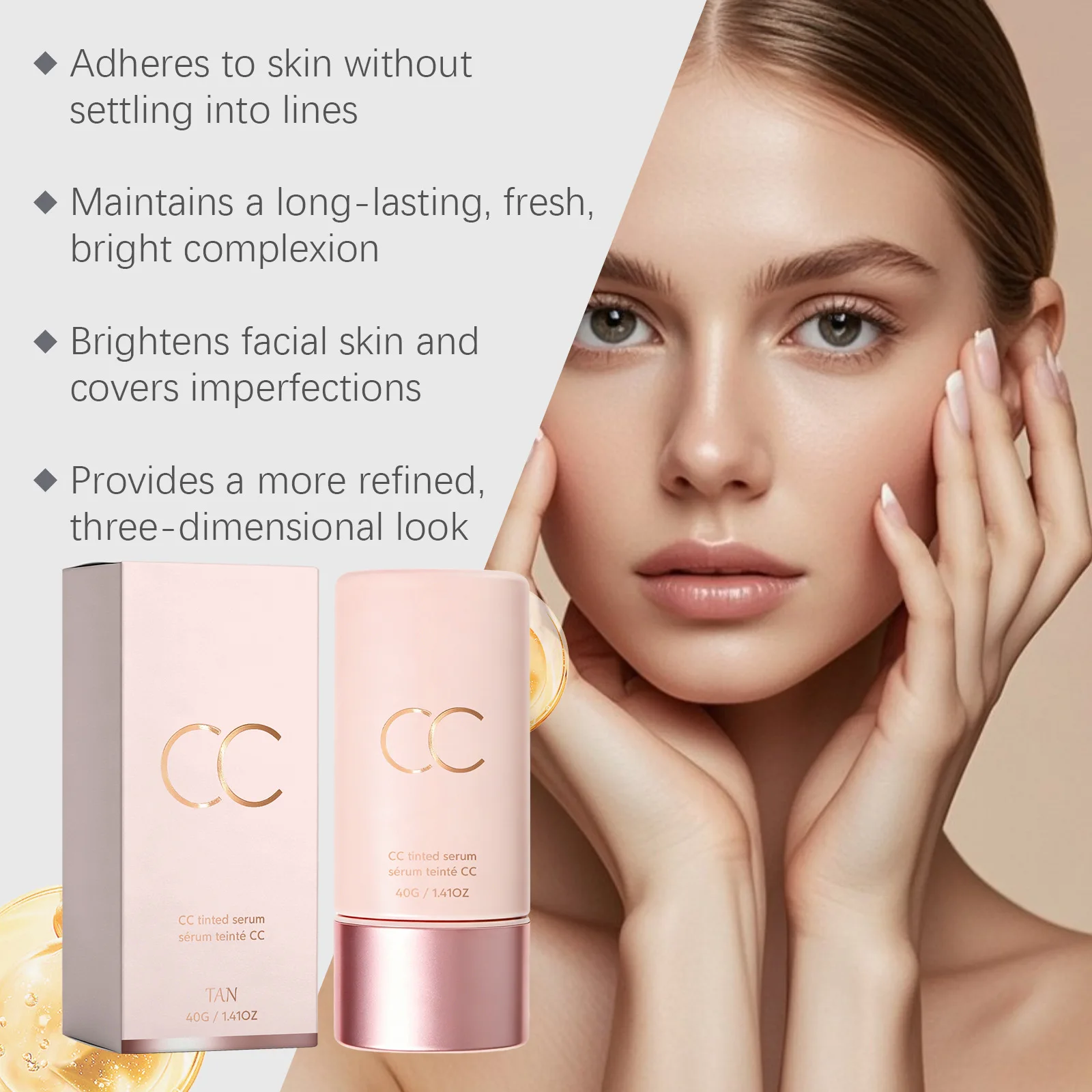 CC Cream Cover Blemishes Redness Glow Face Makeup Matte Natural Finish Lightweight Invisible Color-Correcting Tinted Serum 40g