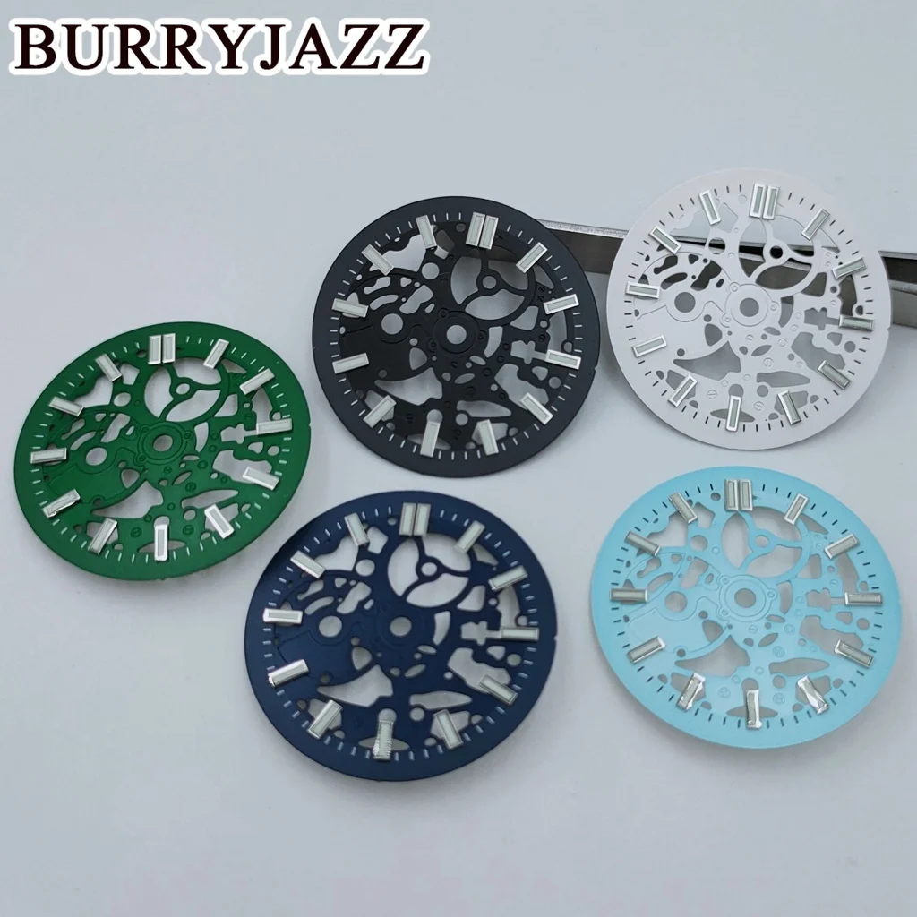 BURRYJAZZ 29.5mm No Logo NH70 NH72 Hollow Skeleton Dial Black Green Blue White Dial Green Luminous 3 O'clock Case Crown