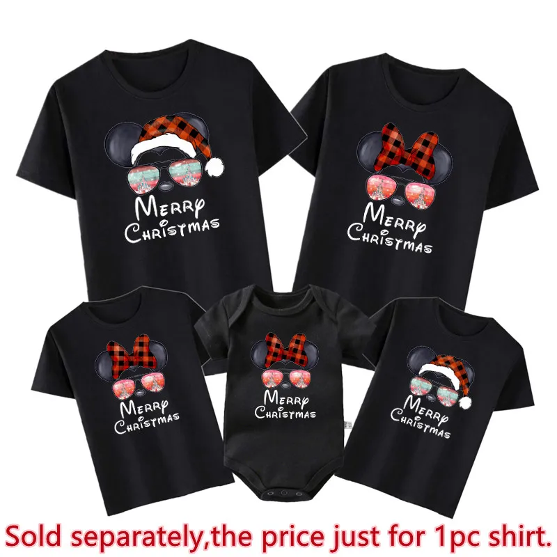 Disney Christmas Shirts Funny Santa Hat Mickey Minnie Mouse Print Family Matching Outfits Cotton Dad Mom Kids Tees Baby Rompers