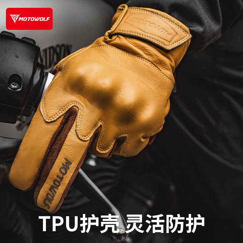 

Men's Genuine Leather Retro Motorcycle Gloves Touchscreen Accessories Windproof Protective Gear Dirt Bike Riding Items Glove