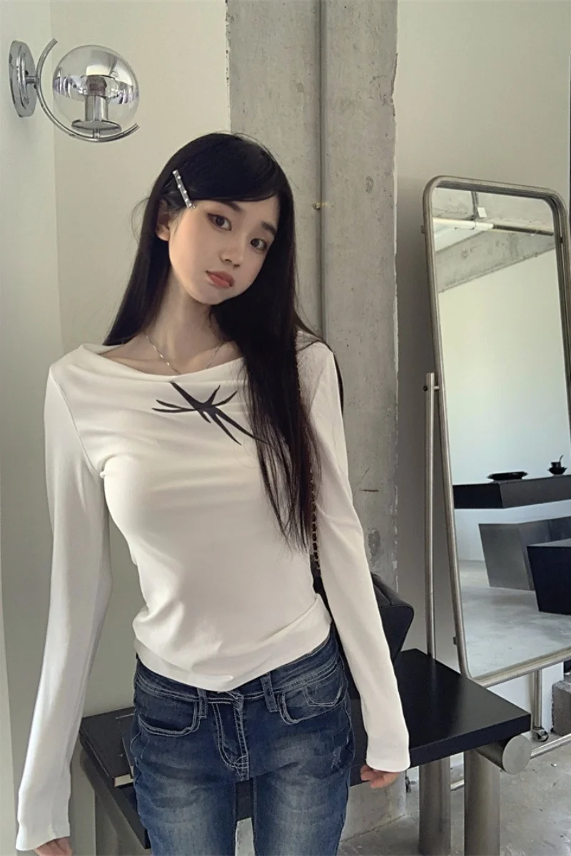 2024 Autumn Women's One-shoulder Long-sleeved T-shirt Printed Pure desire Sexy Hottie Strapless Slim Bottoms Tops Women's