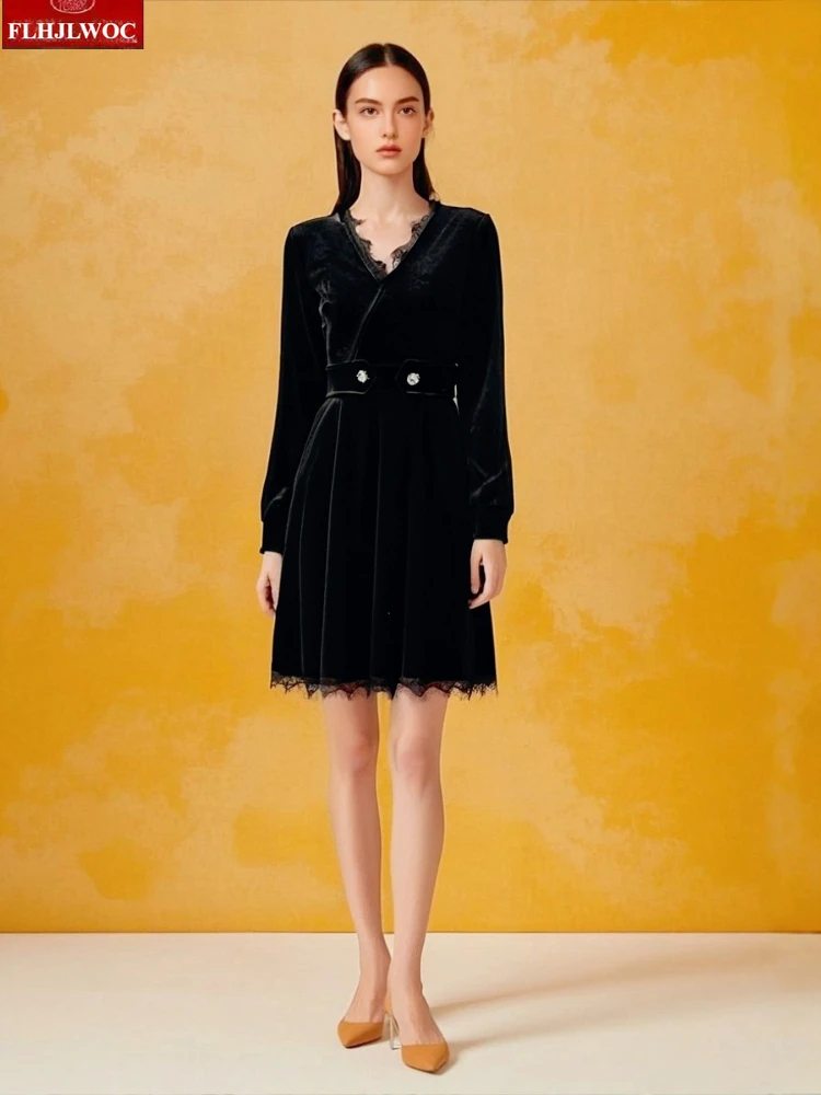 Robes chemise rétro en velours noir, nouvel an, fête de noël, filles mignonnes, femme, manches longues, boutons perlés scintillants, Mini robe en dentelle noire