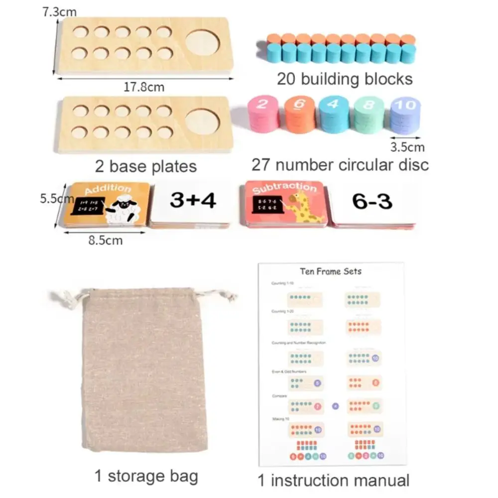 1 Juego de diez marcos de juguetes aritméticos para niños, pensamiento lógico de madera, juguetes modulares de matemáticas para niños, suma y resta