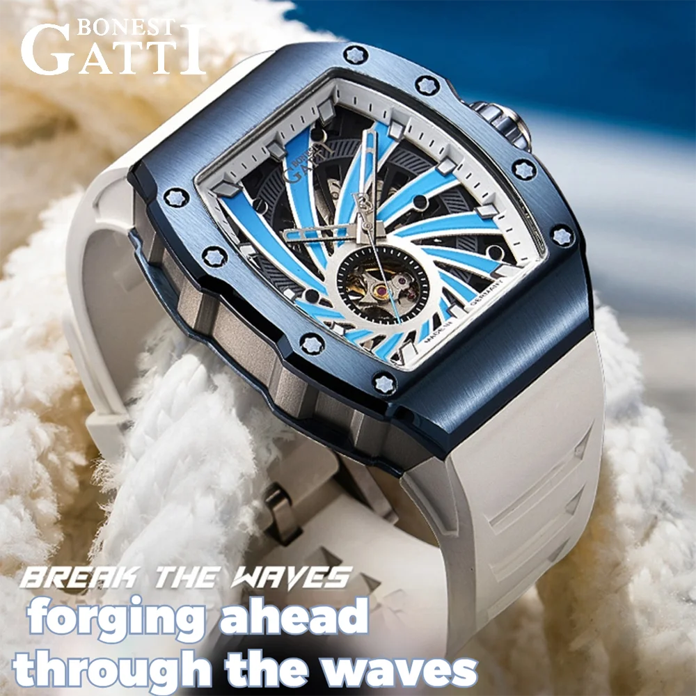 

BONEST GATTI Men Luxury Trendy Automatic Mechanical Movement Wristwatch Tonneau Skeleton Steel Case Rubber Strap German Craft