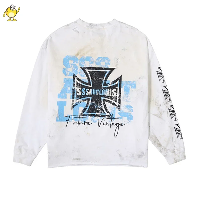 High Street Long Sleeve Tee Hole Old Round Neck SAINT LOUIS T Shirt Cotton Washed Graffiti Damaged Tops Black White Men Woman