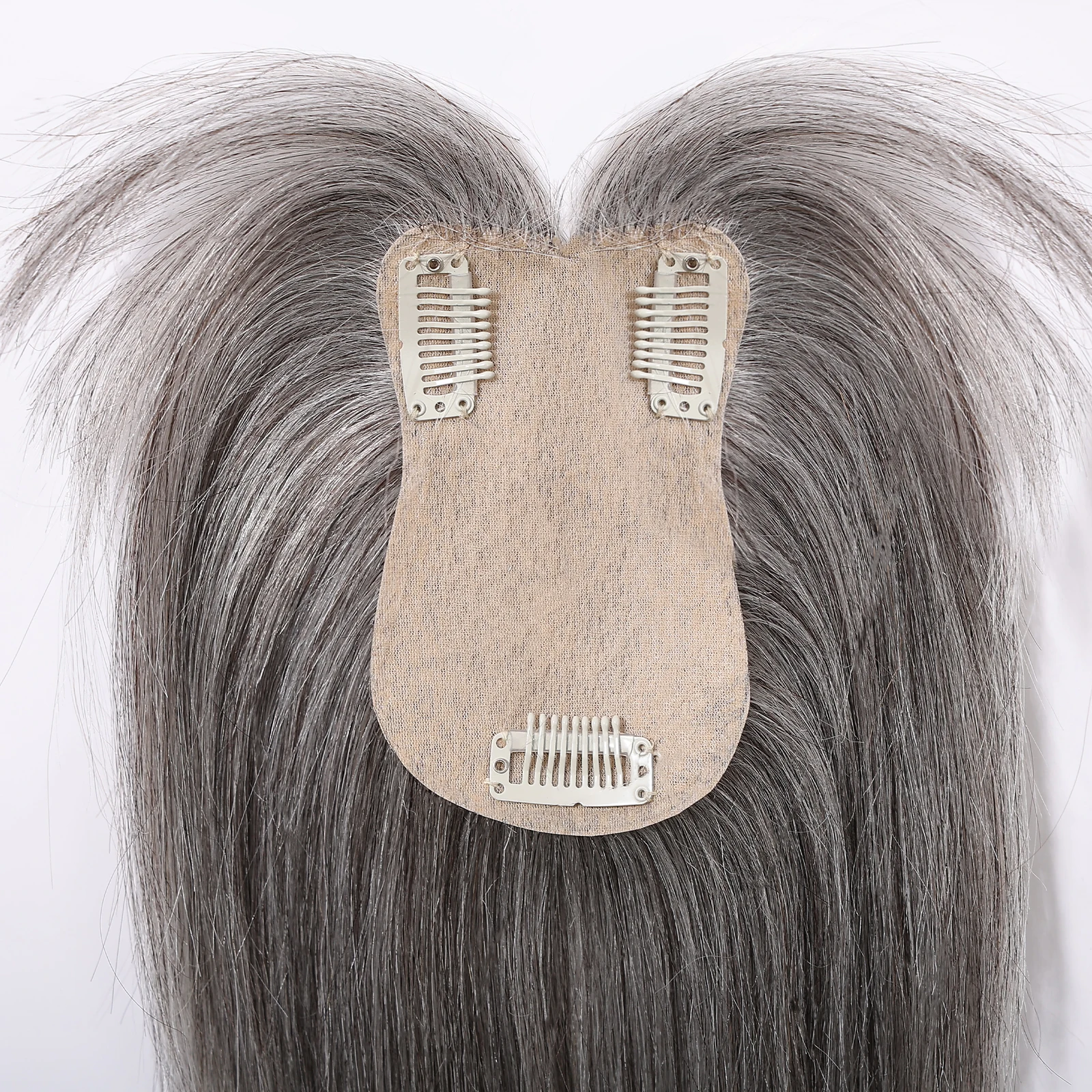 Gray Silver Remy Human Hair Toppers Silk Base Hairpieces 3 Clips in Hair with Bangs 10 Inches Hair Topper Extensions for Women