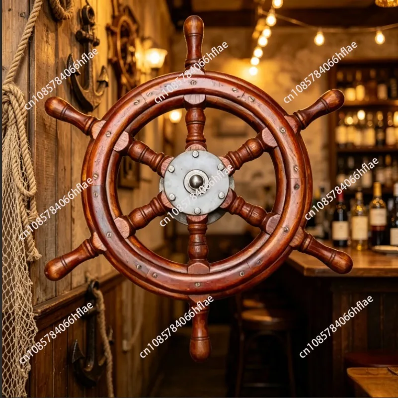 Timón de Madera de Estilo Antiguo, Péndulo Piloto de 55 cm, Decoración Retro para Pared con Forma de Timón de Barco Mediterráneo