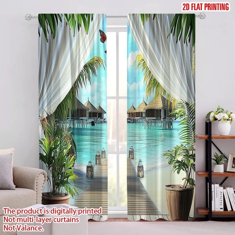 2pcs 2D flat printing Curtains Tropical Green Tree Butterfly Island Summer Natural Scenery Fabric Without Electricity Party