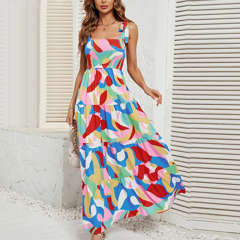 

Women Lace-up Print Waist Halter Dress Summer