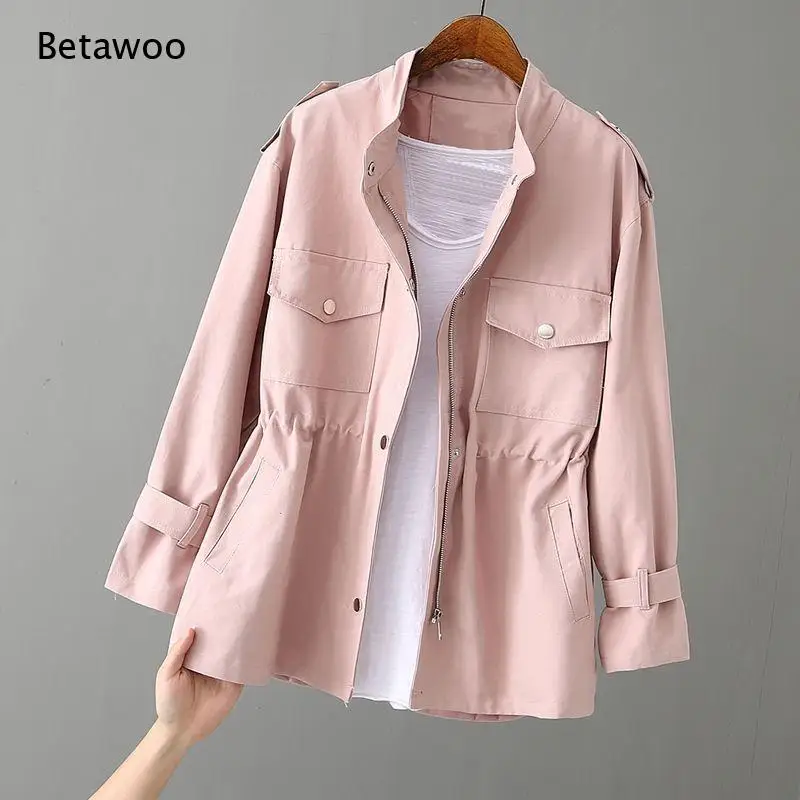 Stand Collar Drawstring Waist Short Trench Coat Multi Pocket Loose Long Sleeve Casual Outerwear for Women