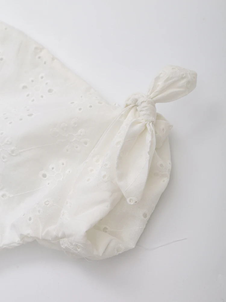 Cutwork broderie 2 pièces ensembles femmes tenue d'été noeud papillon chemise à manches courtes et jupe midi élégant décontracté ensemble de co ord blanc