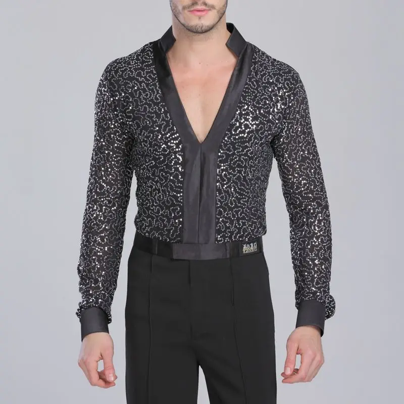 MEN Dance Waltz Ballroom Dance Long Shirt Garment Performance latin man shirts Garment Top Men Latin Dance Lace black Garment