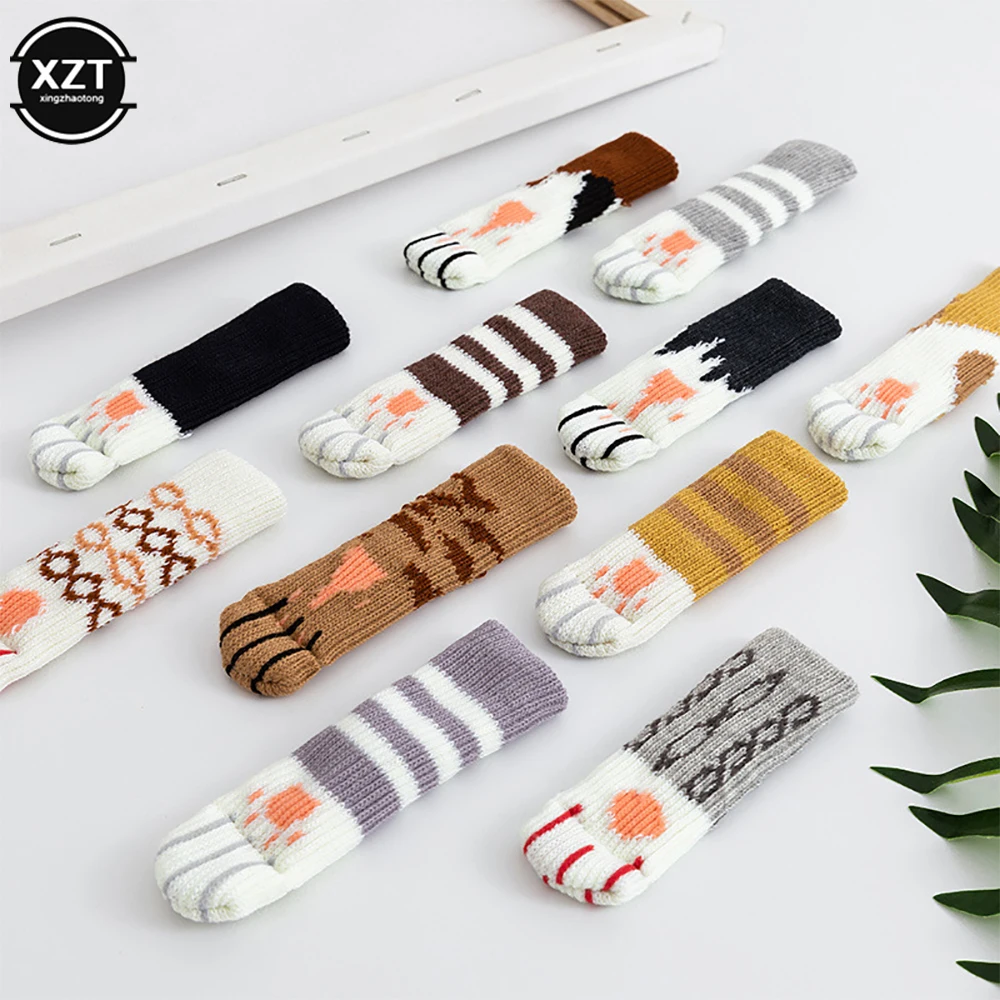 4Pcs /Set Cute Cat Paw Table Chair Foot Leg Knit Cover Protector Socks Sleeve Protector Good Scalability Non-Slip Wear