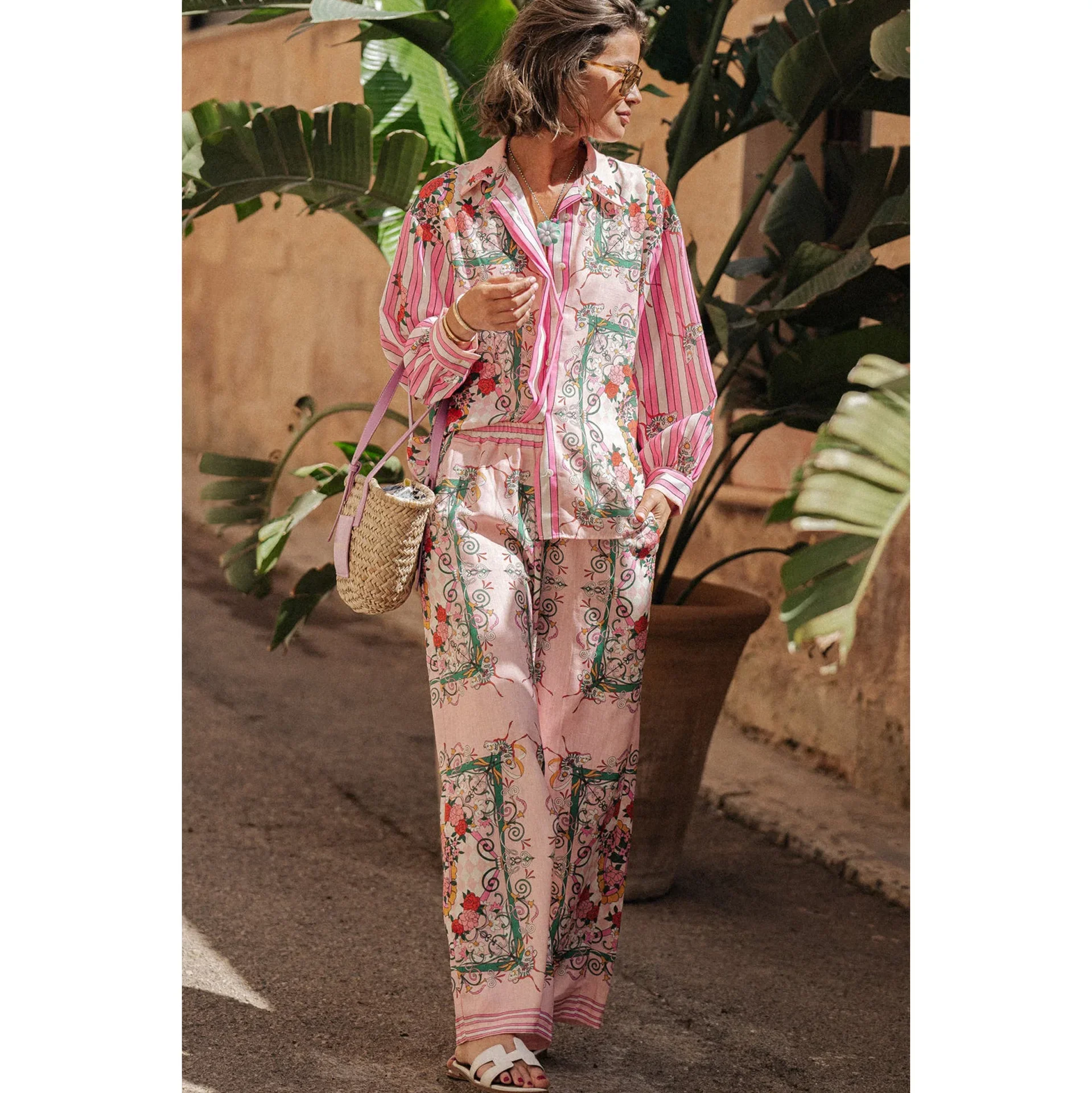 New Trend Casual Print 2024 Women Long Sleeve Blouse Suits Shirt Top and Loose Pants Chic Female 2 Piece Sets Fashion Outfits