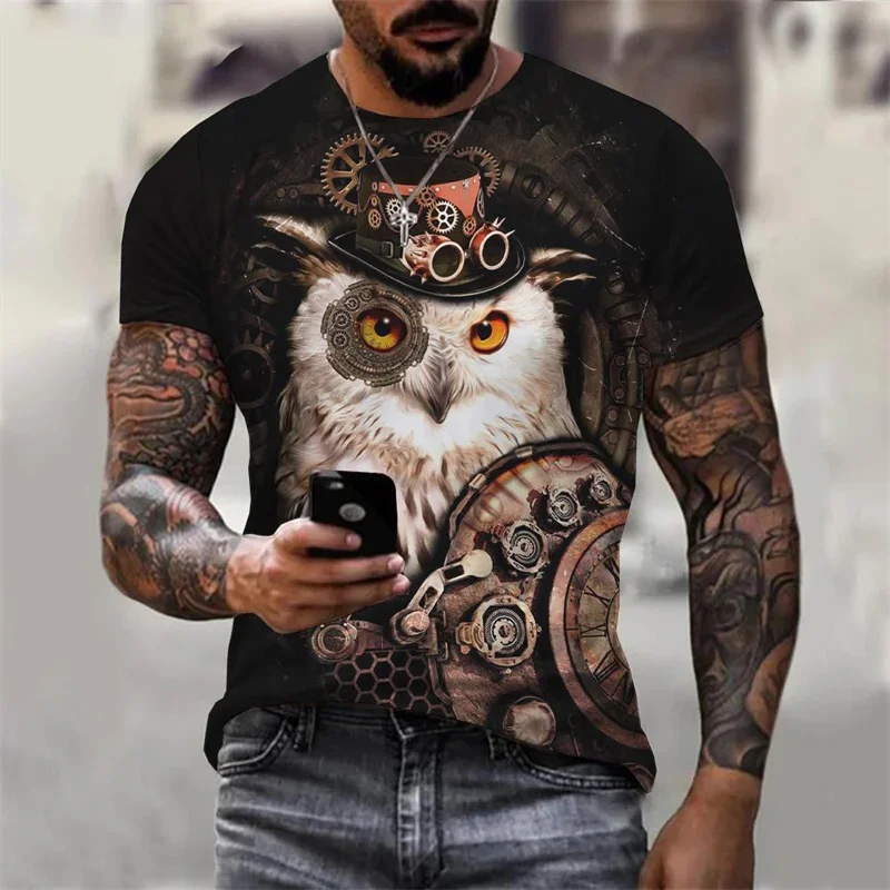 3D-gedrucktes cooles Eulen-T-Shirt für Herren, lustiges Tiermuster-T-Shirt, Sommer-Oversize-Rundhals-Oberteil, Kurzarm-T-Shirt, Streetwear