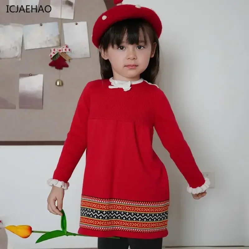 

ICJAEHAO 2024 Sweaters for Children Round Neck Vintage Long Sleeve Kids Knitted Dress Cute Princess Girl Knitwear Clothes Autumn