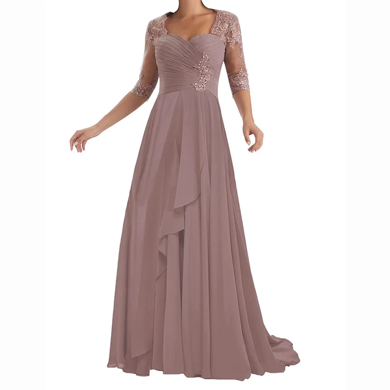 New Modern Pink Mother Of The Bride Dresses Sweetheart Half Sleeves Beads Lace Applique Chiffon A-line Wedding Guest Dress
