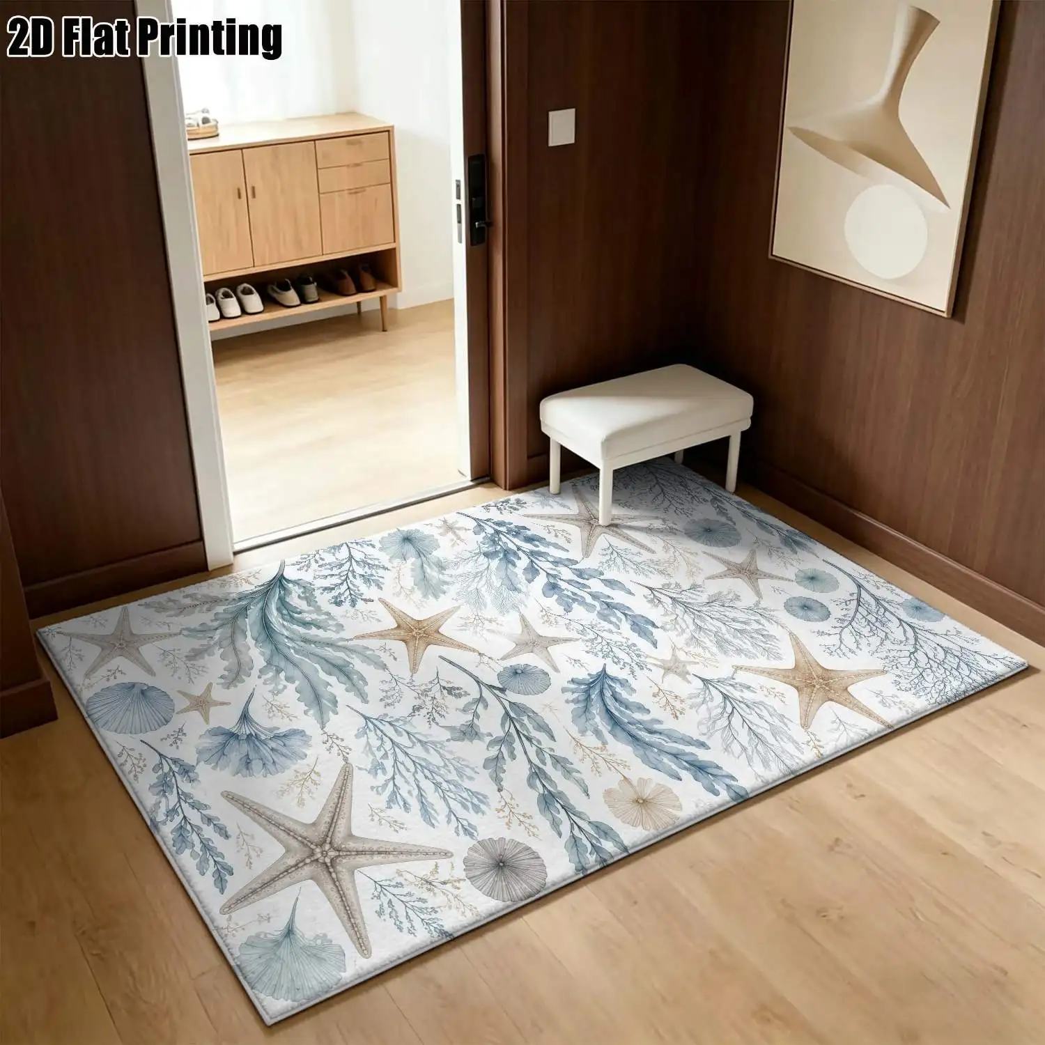 1Pc 2D Printed Carpet: Blue & White Marine Life Pattern, Nordic/Instagram/Modern Minimalist/European/Vintage Style, Home Decor Floor Mat, Multi-Size, Machine Washable, Ideal for Entrance, Dining, Foyer, Living Room, Bedroom