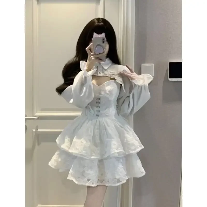 فستان لوليتا كاواي نسائي ، دانتيل أبيض ، أبيض ، مكشكش ، أكمام طويلة ، خرافية ، أشرطة ، حفلة عيد ميلاد ، نساء ، ساخن