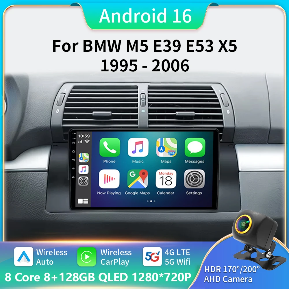 

Автомагнитола на Android 12, мультимедийный видеоплеер для BMW 5 E39 E53 X5 1995-2006, GPS-навигация, Carplay QLED стерео 2Din 8 + 128 ГБ