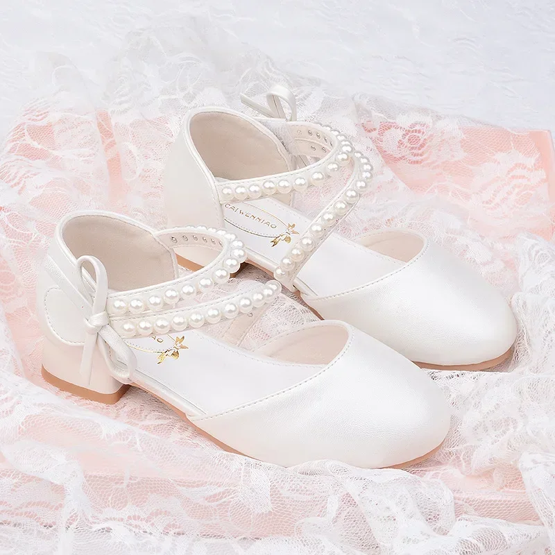 Primavera Estate Ragazza Scarpe da principessa Perla Bowknot Bambini Festa Abito da sposa Sandali Moda Causale Bambini Prestazioni Tacco alto