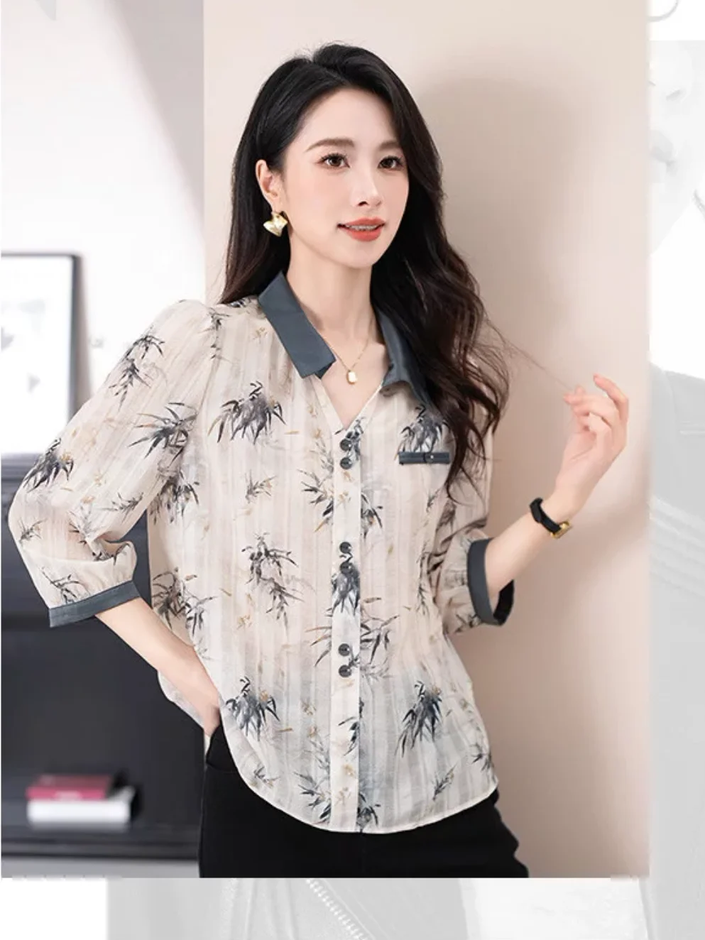 

2025 Spring/Summer New Fashion Versatile Ink-style Print Chiffon Blouse Simple Office Wear Women Top