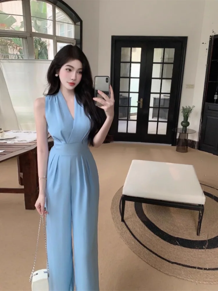 Ezgaga Jumpsuit Women Vintage V Neck Summer Fashion Sleeveless Off Shoulder Wide Leg Rompers Bandage Office Lady Jumpsuits