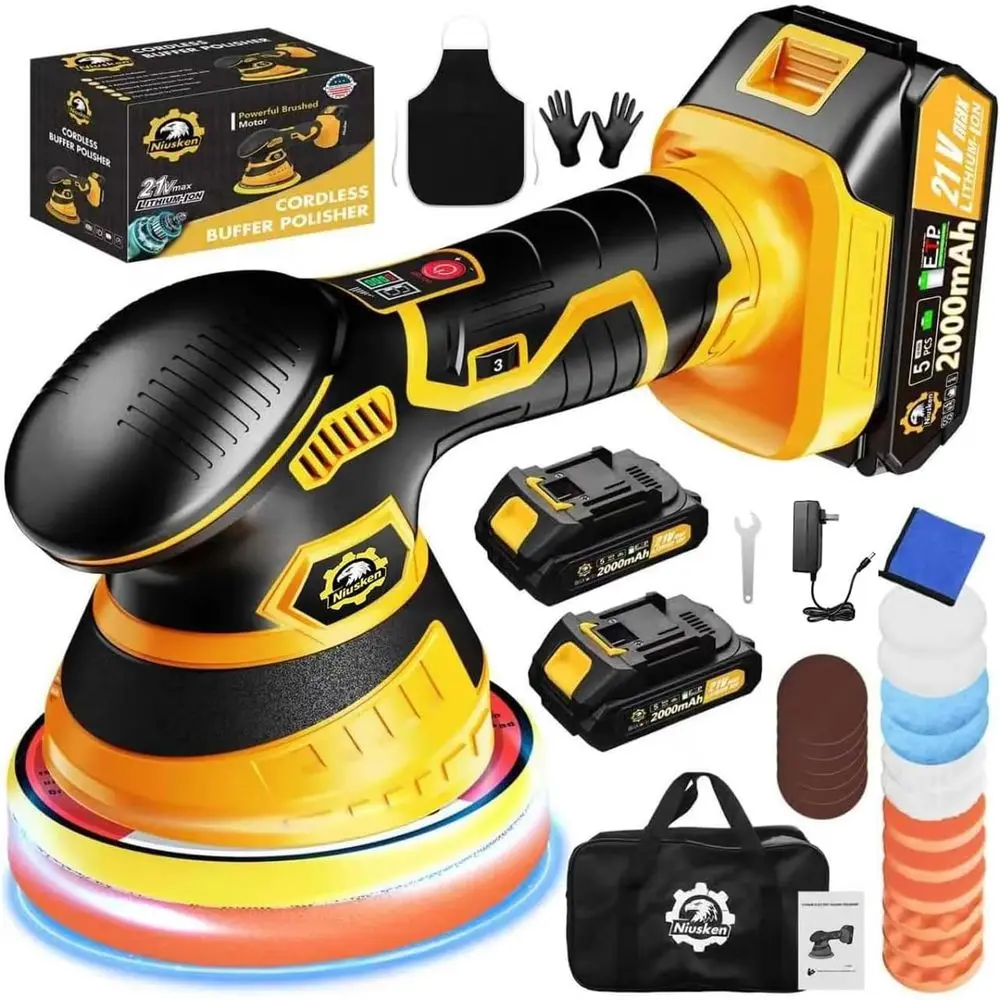 

Cordless Car Buffer Polisher kit [2x 2000mAh 21V Batteries & 18 PCS Attachments] 6-Speed Orbital Design, LED Display, 6 Inch Lig