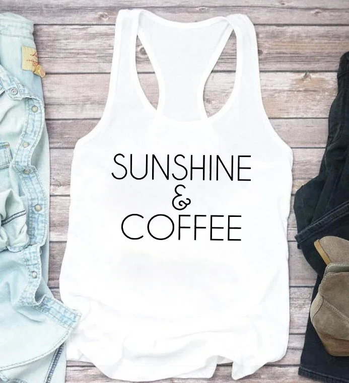 

Sunshine and Coffee Tank Tops Coffee Graphic Tshirt for Women Birthday Gifts Muscle Tank Top Women Coffee Shirt Summer Tops New