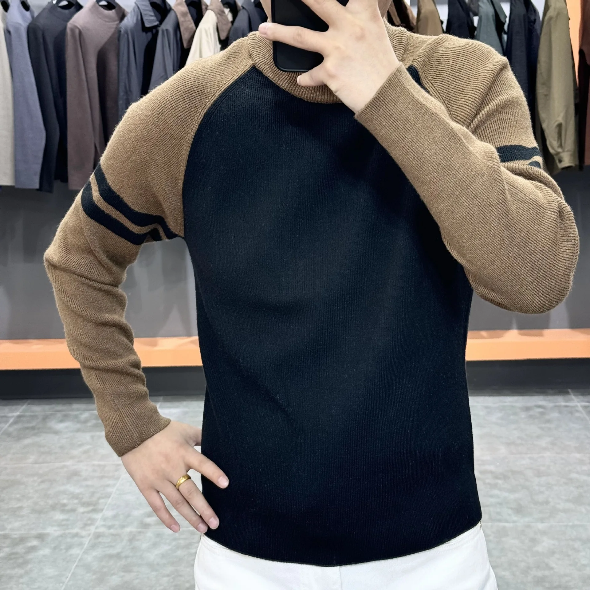 New Autumn Winter Men's Spliced Knitted Sweater Slim Fit Long Sleeve Round Neck Pullover casual business Versatile base shirt