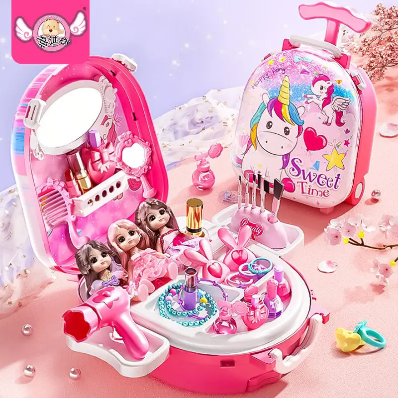 Children's Simulation Makeup Toys, Girls Princess Dressing Table,Storage Box with ABS Trolley, Kid's Birthday/Christmas Gifts