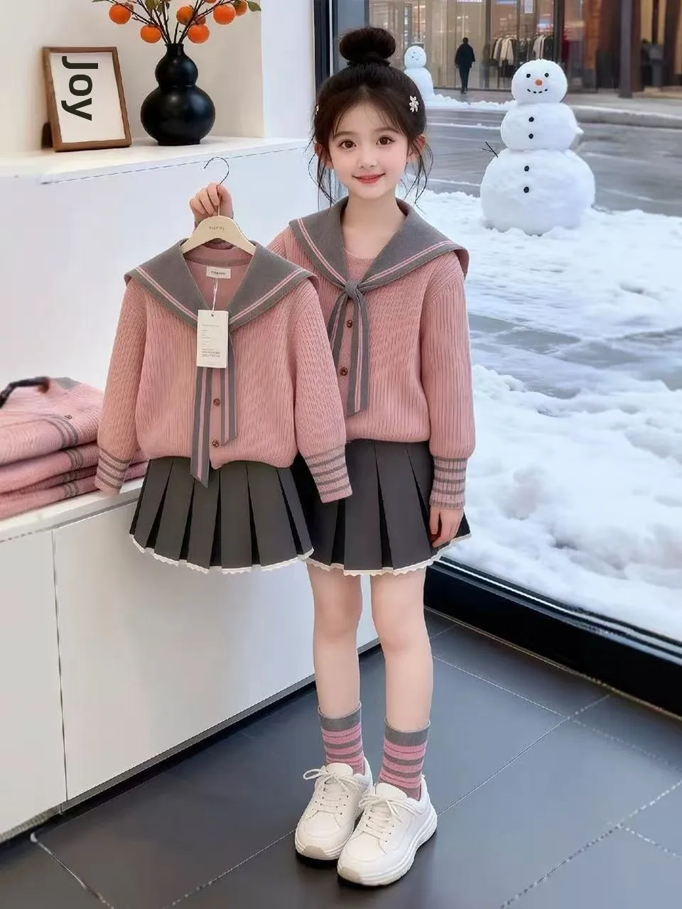 

Girls' Preppy Sle Knitted Sweater Skirt Set Spring 2026 Casual Navy Collar Two-Piece Outfit Elastic Comfortable Long Sve