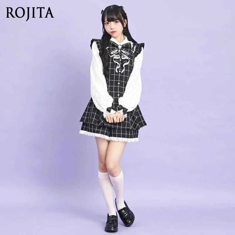 

Japanese Style Shorts Set Women's Outfits Autumn Winter Lolita Outfit Ruffled Big Bow Two-Piece Long Sleeve Plaid Shirt