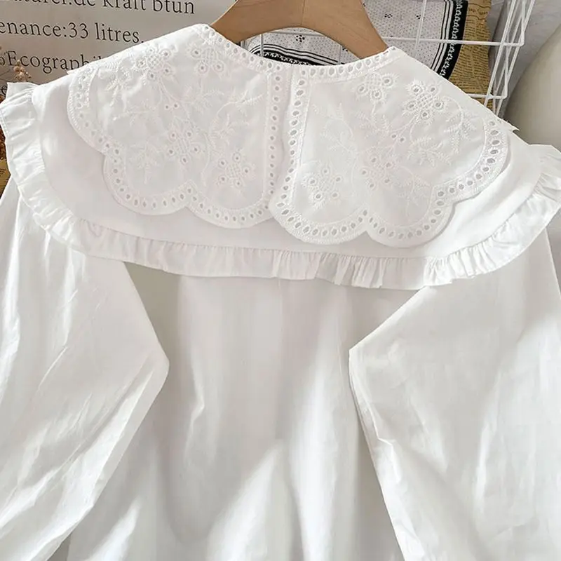 Korean Style Trendy Sweet Lace Tops Patchwork Ruffled Doll Collar Button Up Shirt Women Long Sleeve New In Fairy Women Blouses