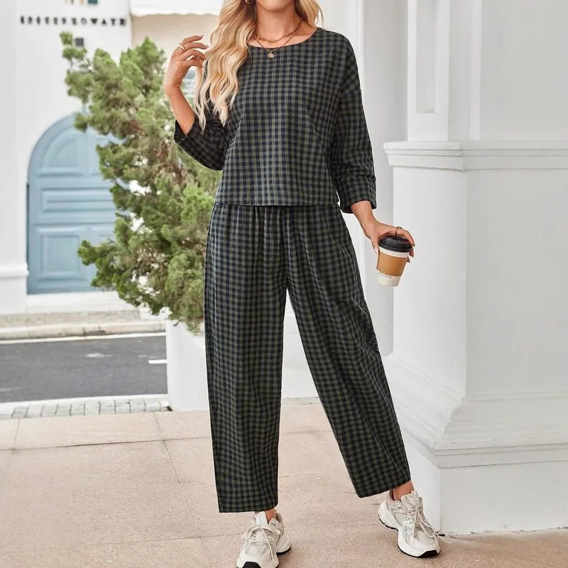 2025 neue Mode Gedruckt Rundhals Hemd + Breite bein Hosen Zwei-stück Sets Frauen Herbst Beiläufige Lose Top hosen Anzug Für Frauen