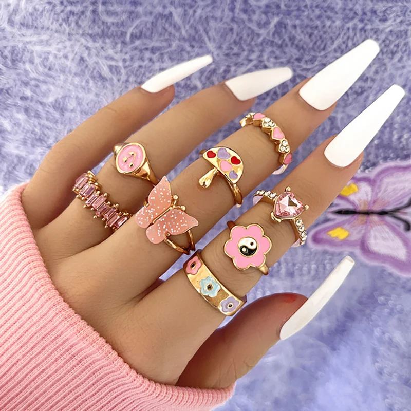 Pink Acrylic Butterfly Knuckle Ring Set For Women Crystal Enamel Mushroom Yin Yang Flower Rings Girls Fashion Jewelry