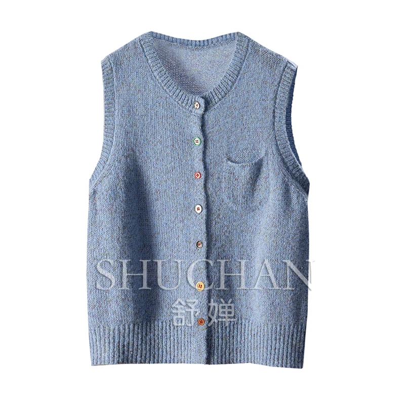 

Dream Color Button Method G Stacked Wear 100 Wool Flower Yarn Crew Neck Knitted Sweater Vest Women's 3Y51